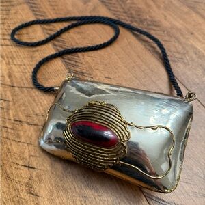 Vintage Luciano Metal Hard Shell Purse Red Gold Detail
